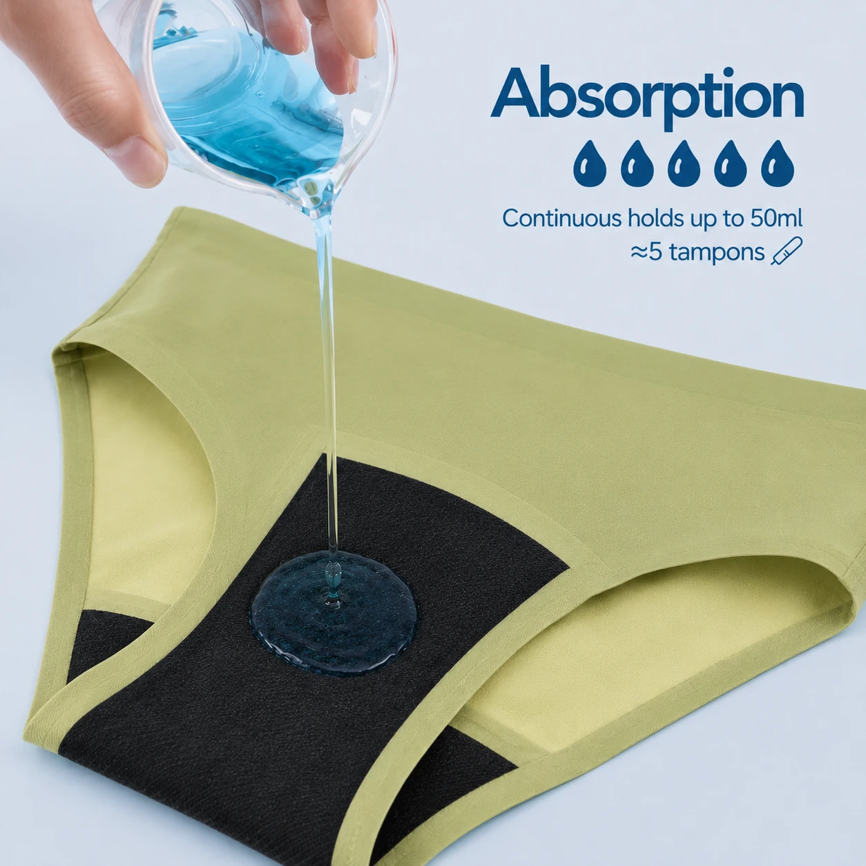 Teen period underwear absorbency test showing up to 50ml capacity